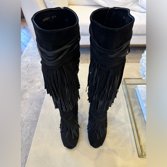 Gucci black suede fringe open top boots with zippered back size 38.5 - Picture 7 of 13